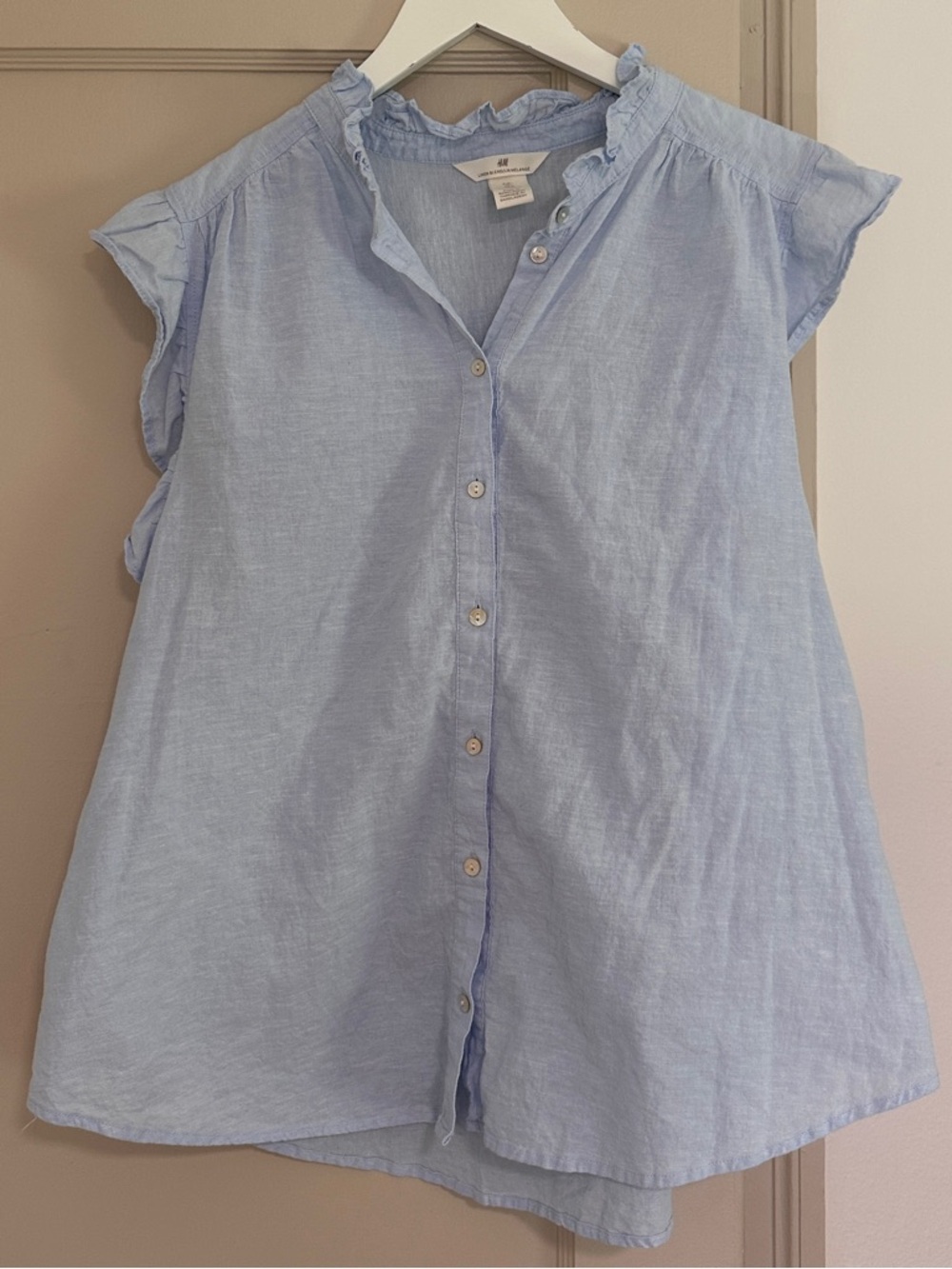 H&M Light Blue Ruffle Cap Sleeve Button-Front Blouse